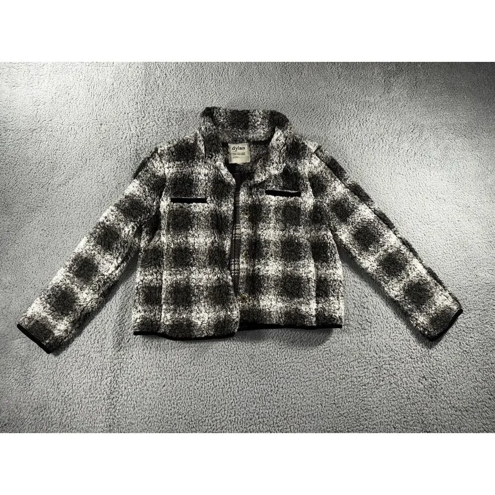 Dylan Sherpa Jacket Women Large Plaid Faux Fur Button Up Cozy Soft‎ Plush